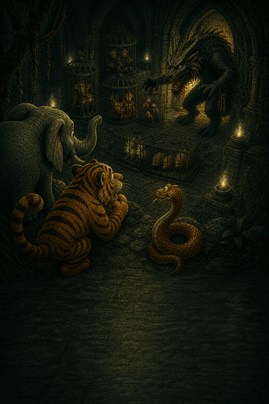 Boba, Fantu, and Laila discovering Kaal’s hidden animal prison inside Shadow Mountain
